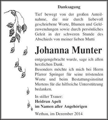 Traueranzeige von Johanna Munter von WVG - Wochenspiegel NMB / WSF / ZTZ