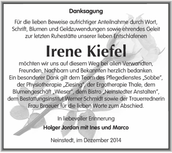 Traueranzeige von Irene Kiefel von WVG - Wochenspiegel Quedlinburg