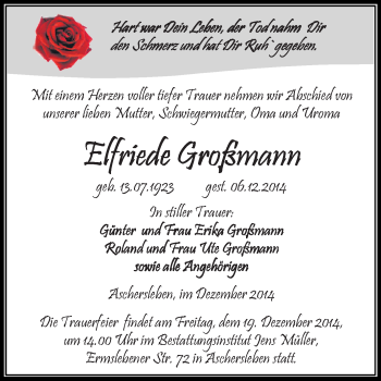 Traueranzeige von Elfriede Großmann von Super Sonntag Aschersleben