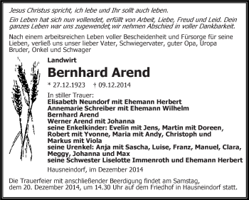 Traueranzeige von Bernhard Arend von Super Sonntag Aschersleben