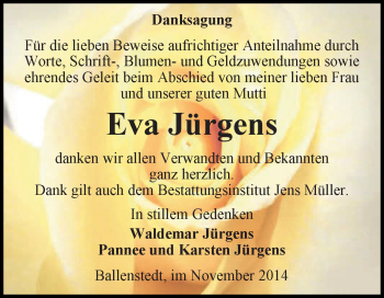 Traueranzeige von Eva Jürgens von Super Sonntag Aschersleben