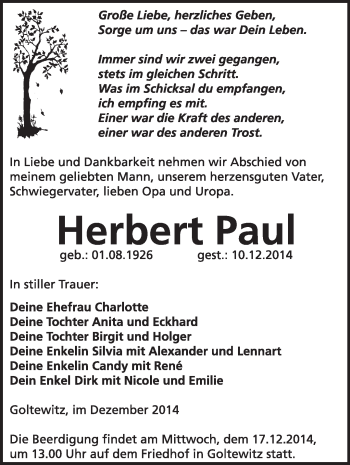 Traueranzeige von Herbert Paul von WVG - Wochenspiegel Wittenberg