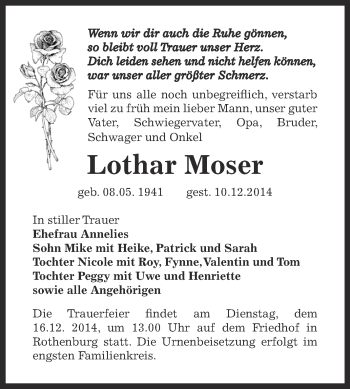 Traueranzeige von Lothar Moser von Super Sonntag Bernburg