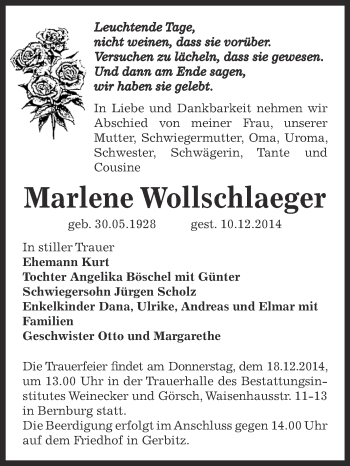 Traueranzeige von Marlene Wollschlaeger von Super Sonntag Bernburg