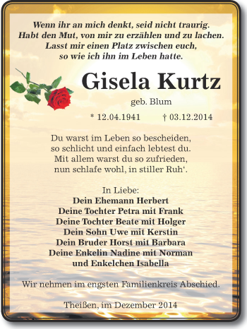 Traueranzeige von Gisela Kurtz von Super Sonntag Zeitz