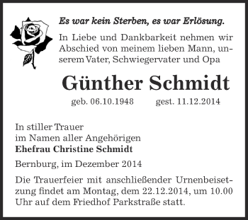 Traueranzeige von Günther Schmidt von Super Sonntag Bernburg