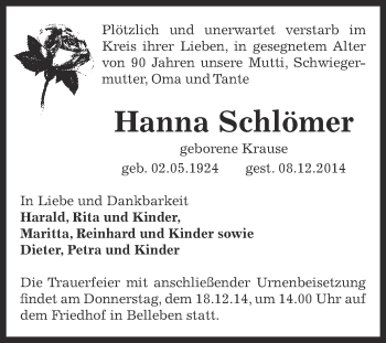 Traueranzeige von Hanna Schlömer von Super Sonntag Bernburg