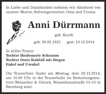 Traueranzeige von Anni Dürrmann von Super Sonntag Bernburg