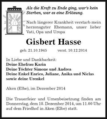 Traueranzeige von Gisbert Hasse von WVG - Wochenspiegel Dessau / Köthen