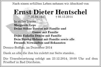 Traueranzeige von Ernst Dieter Hentschel von WVG - Wochenspiegel Dessau / Köthen