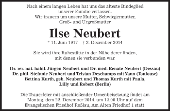 Traueranzeige von Ilse Neubert von Super Sonntag Dessau / Köthen