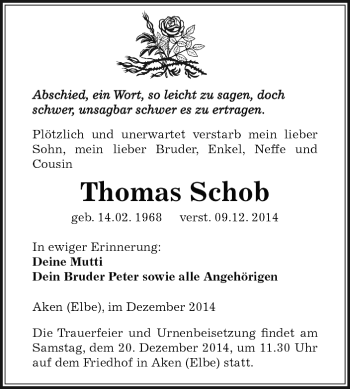 Traueranzeige von Thomas Schob von WVG - Wochenspiegel Dessau / Köthen