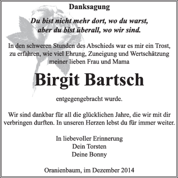 Traueranzeige von Birgit Bartsch von Super Sonntag Wittenberg