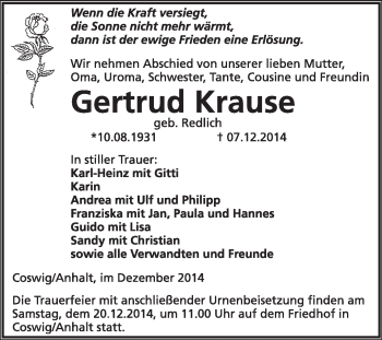 Traueranzeige von Gertrud Krause von Super Sonntag Wittenberg