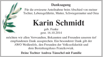 Traueranzeige von Karin Schmidt von WVG - Wochenspiegel NMB / WSF / ZTZ
