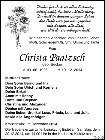 Traueranzeige von Christa Paatzsch von WVG - Wochenspiegel NMB / WSF / ZTZ