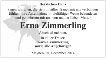Traueranzeige von Erna Zimmerling von WVG - Wochenspiegel NMB / WSF / ZTZ