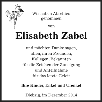 Traueranzeige von Elisabeth Zabel von WVG - Wochenspiegel Dessau / Köthen
