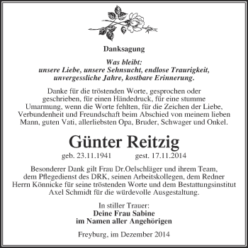 Traueranzeige von Günter Reitzig von WVG - Wochenspiegel NMB / WSF / ZTZ
