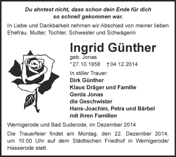 Traueranzeige von Ingrid Günther von WVG - Wochenspiegel Quedlinburg