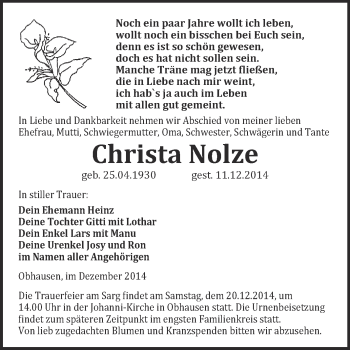 Traueranzeige von Christa Nolze von WVG - Wochenspiegel NMB / WSF / ZTZ