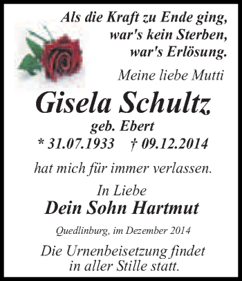 Traueranzeige von Gisela Schultz von WVG - Wochenspiegel Quedlinburg