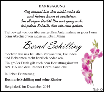 Traueranzeige von Bernd Schilling von Super Sonntag Zeitz