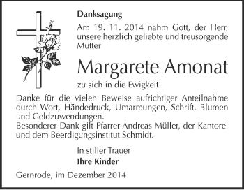 Traueranzeige von Margarete Amonat von WVG - Wochenspiegel Quedlinburg