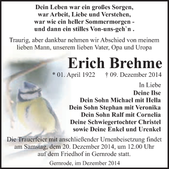 Traueranzeige von Erich Brehme von WVG - Wochenspiegel Quedlinburg