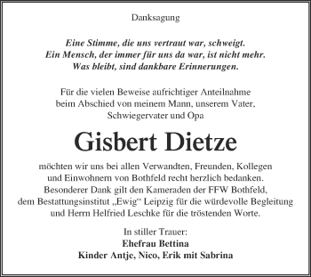 Traueranzeige von Gisbert Dietze von WVG - Wochenspiegel NMB / WSF / ZTZ