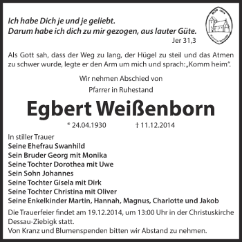 Traueranzeige von Egbert Weißenborn von WVG - Wochenspiegel Dessau / Köthen