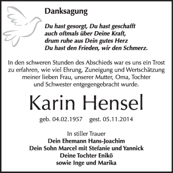 Traueranzeige von Karin Hensel von WVG - Wochenspiegel Wittenberg
