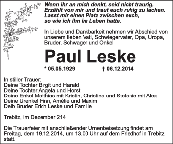 Traueranzeige von Paul Leske von WVG - Wochenspiegel Wittenberg