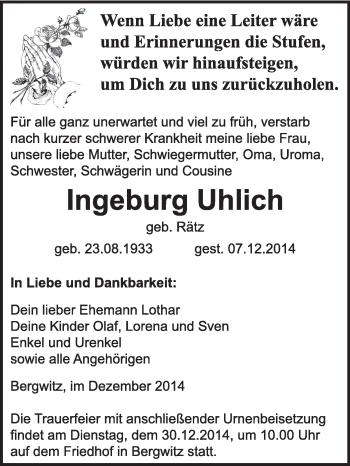 Traueranzeige von Ingeburg Uhlich von WVG - Wochenspiegel Wittenberg