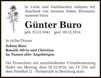 Traueranzeige von Günter Buro von Super Sonntag Bernburg