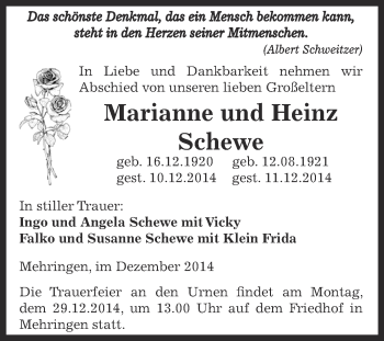 Traueranzeige von Marianne Schewe von Super Sonntag Aschersleben