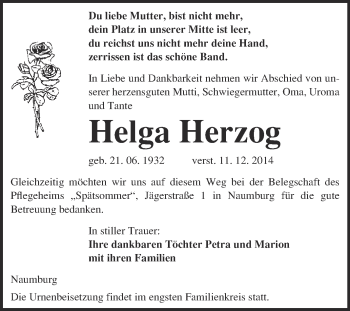 Traueranzeige von Helga Herzog von WVG - Wochenspiegel NMB / WSF / ZTZ