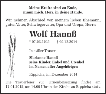 Traueranzeige von Wolf Hannß von Super Sonntag Zeitz