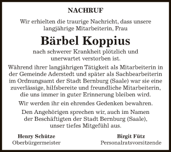 Traueranzeige von Bärbel Koppius von Super Sonntag Bernburg