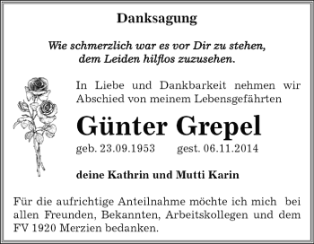 Traueranzeige von Günter Grepel von WVG - Wochenspiegel Dessau / Köthen