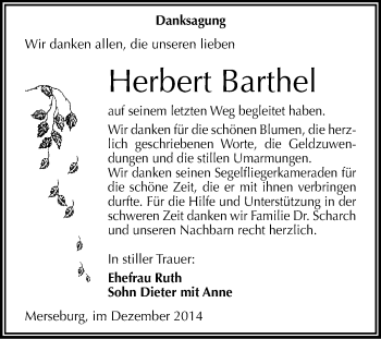 Traueranzeige von Herbert Barthel von WVG - Wochenspiegel Merseburg
