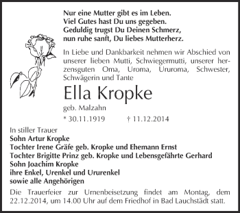 Traueranzeige von Ella Kropke von Super Sonntag Merseburg