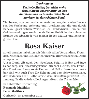 Traueranzeige von Rosa Kaiser von Wochenspiegel Mansfelder Land
