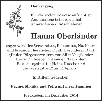 Traueranzeige von Hanna Oberländer von Super Sonntag Aschersleben