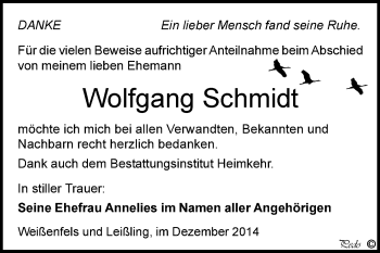 Traueranzeige von Wolfgang Schmidt von WVG - Wochenspiegel NMB / WSF / ZTZ