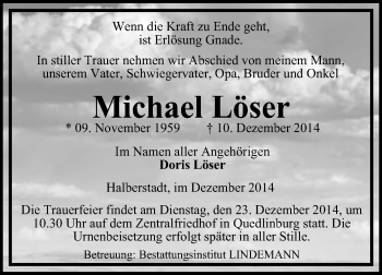 Traueranzeige von Michael Löser von Super Sonntag Quedlinburg
