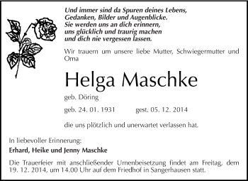 Traueranzeige von Helga Maschke von Super Sonntag SGH Mansf. Land