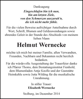 Traueranzeige von Helmut Wernecke von Super Sonntag SGH Mansf. Land