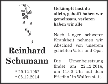 Traueranzeige von Reinhard Schumann von WVG - Wochenspiegel Bitterfeld