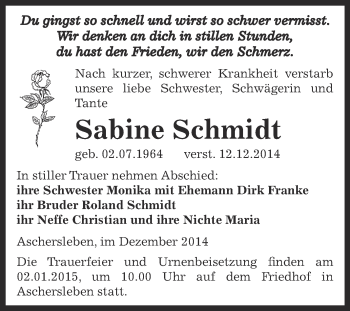 Traueranzeige von Sabine Schmidt von WVG - Wochenspiegel Aschersleben